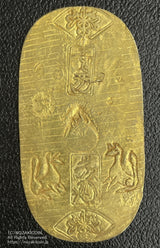 元文小判は元文元年~文政元年(1736~1818)まで鋳造されました。背に真書体の文の字の刻印があり真文小判とも呼ばれています。品位は金653 / 銀347 量目12.9g です。鑑定書・桐箱付き。(鑑定書には稲荷刻印についての記載はありません。)