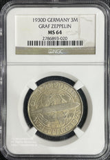 ドイツ銀貨3マルク ワイマール共和国 1930年 Weimar Republic "Zeppelin" 3 Mark 1930-D 重さ15g 直径30mm 発行枚数141,000枚