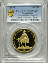 1985年発行スイス射撃祭アルトドルフ1000フラン金貨です。PCGS69評価。