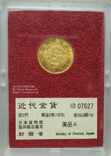 旧2円金貨 明治3年(1870)直径21.21mm 品位 金900 / 銅100 量目8.33g
箱・ケースは付属しておりません。