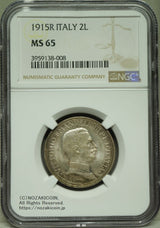 イタリア 2リレ銀貨 1915年R クァドリガ NGC MS65