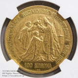 ハンガリー 100コロナ金貨 1907年 フランツ・ヨーゼフ 戴冠40年記念 NGC AU DETAILS