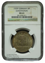 ドイツ銀貨3マルク ワイマール共和国
1929年 Weimar Republic "Constitution" 3 Mark 1929-F
重さ15g 直径30mm 製造数370,000枚
シュトゥットガルト造幣局製造