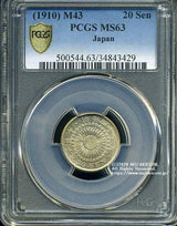 旭日20銭銀貨は直径20.30mm 品位 銀800 / 銅200 量目4.05gです。  旭日二十銭銀貨 明治43年（1910） 発行枚数21,175,298枚。  PCGSスラブMS63