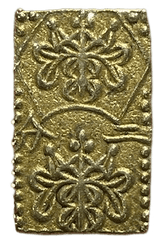 安政二分金(安政二分判金)は安政3年~万延元年(1856~1860)に鋳造されました。  品位は金209 / 銀 791 量目は5.62gです。