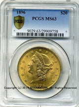 アメリカ 20ドル金貨 リバティヘッド 1896年 未使用 PCGS MS63 - 野崎コイン