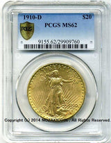 アメリカ 20ドル金貨 セントゴーデンズ 1910年D 未使用 PCGS MS62 - 野崎コイン