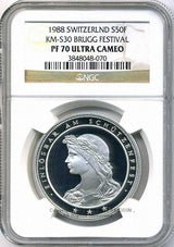 スイス 射撃祭 50フラン銀貨 1988 Brugg NGC PF70 ULTRA CAMEO - 野崎コイン