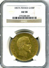 フランス 100フラン金貨 ナポレオン無冠 1857年A 極美品 NGC AU58 - 野崎コイン