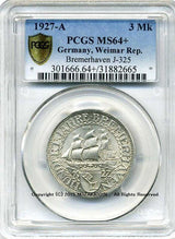 ドイツ ワイマール共和国 3マルク 1927年 ブレーマーハーフェン 未使用 PCGS MS64+ - 野崎コイン