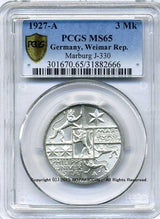 ドイツ ワイマール共和国 3マルク 1927年 マールブルグ 未使用 PCGS MS65 - 野崎コイン