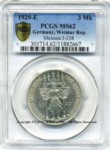 ドイツ ワイマール共和国 3マルク 1929年 マイセン 未使用 PCGS MS62 - 野崎コイン