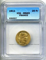 フランス 20フラン金貨 マリアンヌ ルースター 1911 ICG MS65 - 野崎コイン