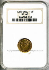 デンマーク フレゼリク8世 10クローナ金貨 1908 NGC MS65 033 - 野崎コイン
