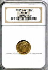 デンマーク フレゼリク8世 10クローナ金貨 1908 NGC MS65 099 - 野崎コイン