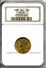 スイス ヘルヴェティア 20フラン金貨 1922 NGC MS64 020 - 野崎コイン