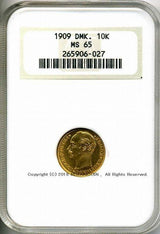 デンマーク フレゼリク8世 10クローナ金貨 1909 NGC MS65 027 - 野崎コイン