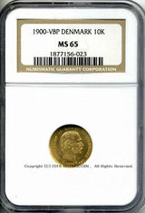 デンマーク クリスチャン9世 10クローナ金貨 1900 NGC MS65 023 - 野崎コイン