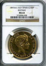 スペイン 100ペセタ金貨 1897年リストライク(61) アルフォンソ13世 NGC MS64 - 野崎コイン