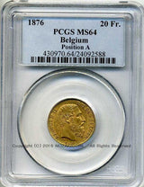 ベルギー 20フラン金貨 1876 レオポルド2世 PCGS MS64 2588 - 野崎コイン