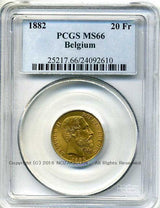 ベルギー 20フラン金貨 1882 レオポルド2世 PCGS MS66 - 野崎コイン