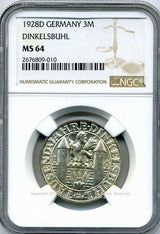 ドイツ ワイマール共和国 3マルク 1928年 ディンケルスビュール 未使用 NGC MS64 - 野崎コイン