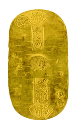 宝永小判は宝永7年~正徳4年(1710~1714)に鋳造されました。  品位は金834 / 銀166 量目9.34g。  裏の極印が乾の字なので、乾字小判ともいいます。  鑑定書・桐箱付き。