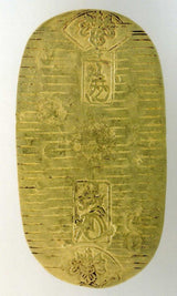 元文小判は元文元年~文政元年(1736~1818)まで鋳造されました。 背に真書体の文の字の刻印があり真文小判とも呼ばれています。 品位は金653 / 銀347 量目13.00g です。 鑑定書・桐箱付き。