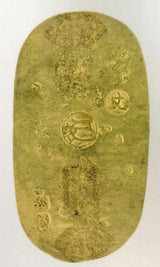 元文小判は元文元年~文政元年(1736~1818)まで鋳造されました。 背に真書体の文の字の刻印があり真文小判とも呼ばれています。 品位は金653 / 銀347 量目13.00g です。 鑑定書・桐箱付き。