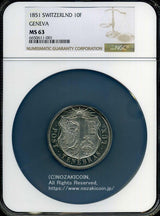 スイス 射撃祭 10フラン銀貨 1851 Geneva NGC MS63