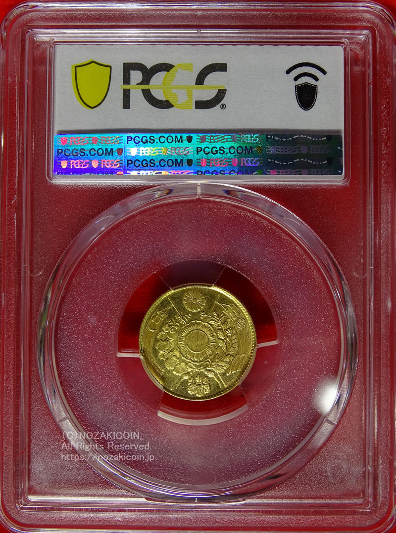 旧２円金貨 明治３年(1870) 発行枚数 883,293枚 直径 17.48mm 品位 金900 / 銅100 量目3.33g
PCGS社MS65