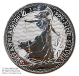 2026年 イギリスブリタニア銀貨 2ポンド
純銀1オンス
カプセル封入
ミルクスポット（白いシミ）がある場合があります