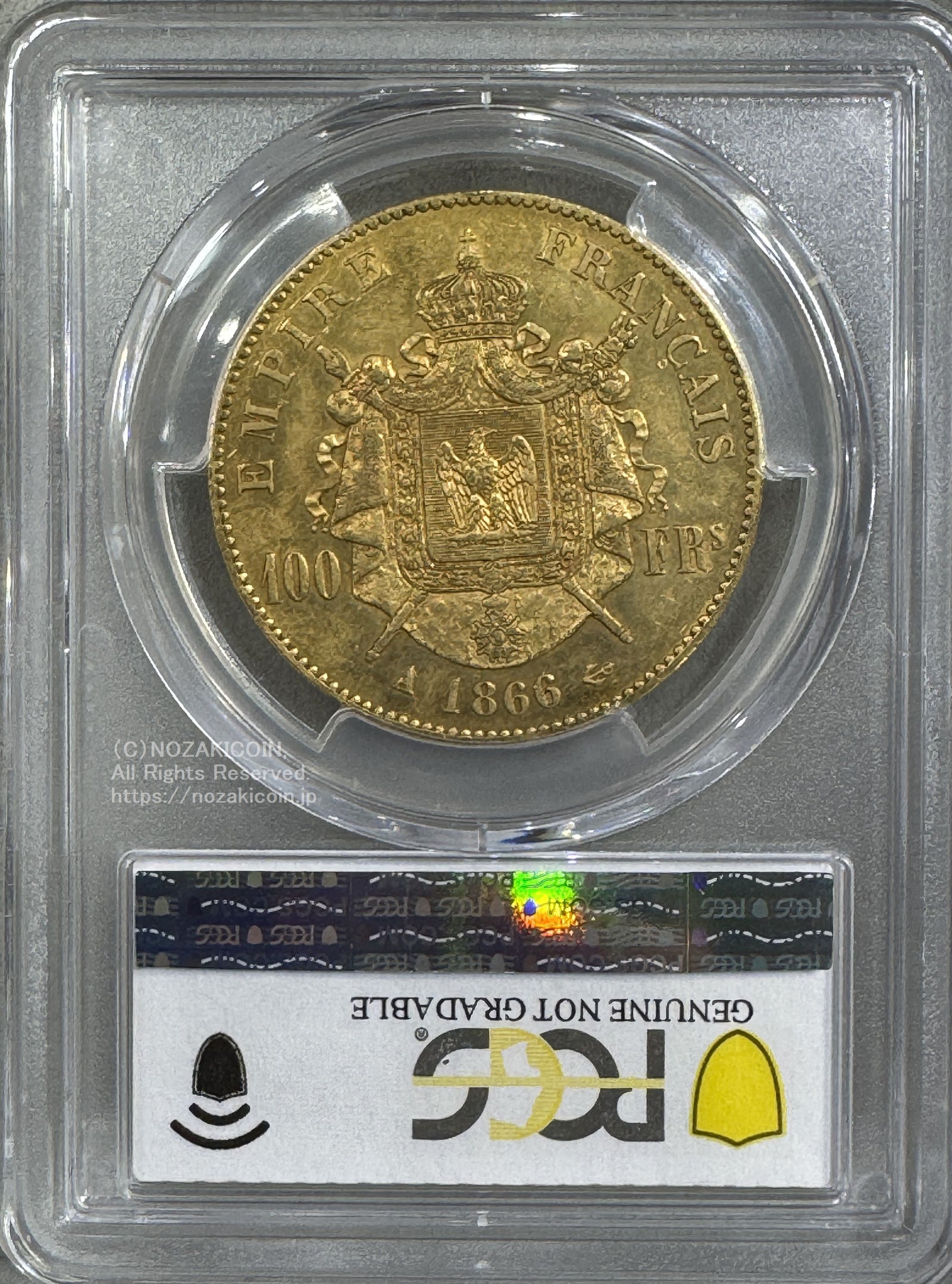 フランス ナポレオン 100フラン金貨 有冠 1866A PCGS Genuine Cleaned