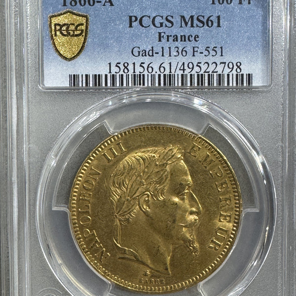 美品+　フランス　ナポレオン時代　ルーアン市　1803年　100フラン フランス ナポレオン 100フラン金貨 有冠 1866A PCGS MS61 – 野崎コイン