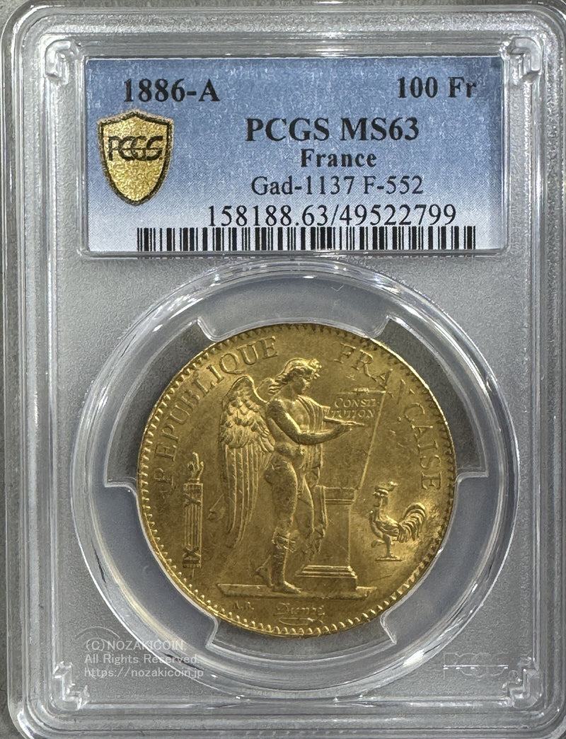 フランス エンゼル 100フラン金貨 1886A PCGS MS63