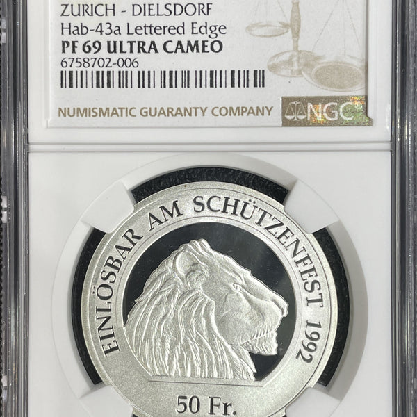 スイス 射撃祭 50フラン銀貨 1992 Dielsdorf NGC PF69 ULTRA CAMEO