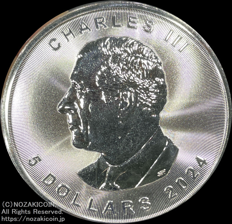 コインカプセルに入れてお送りいたしますメープルリーフ未使用純銀 1オンス５ドル２０２４年裏図案はチャールズ国王