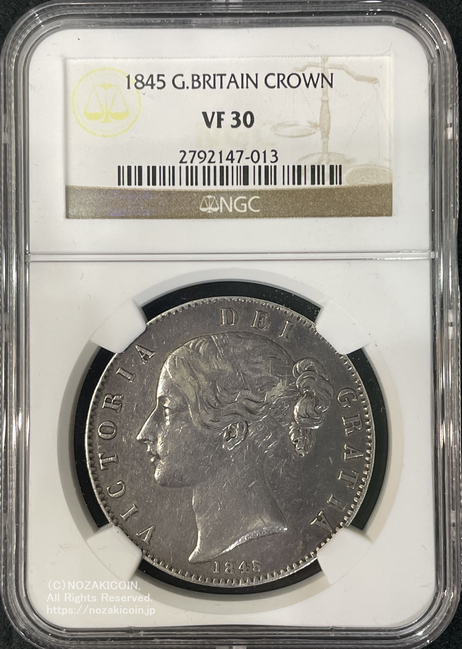 イギリス ヴィクトリア クラウン銀貨 ヤングヘッド 1845年 NGC VF30 – 野崎コイン