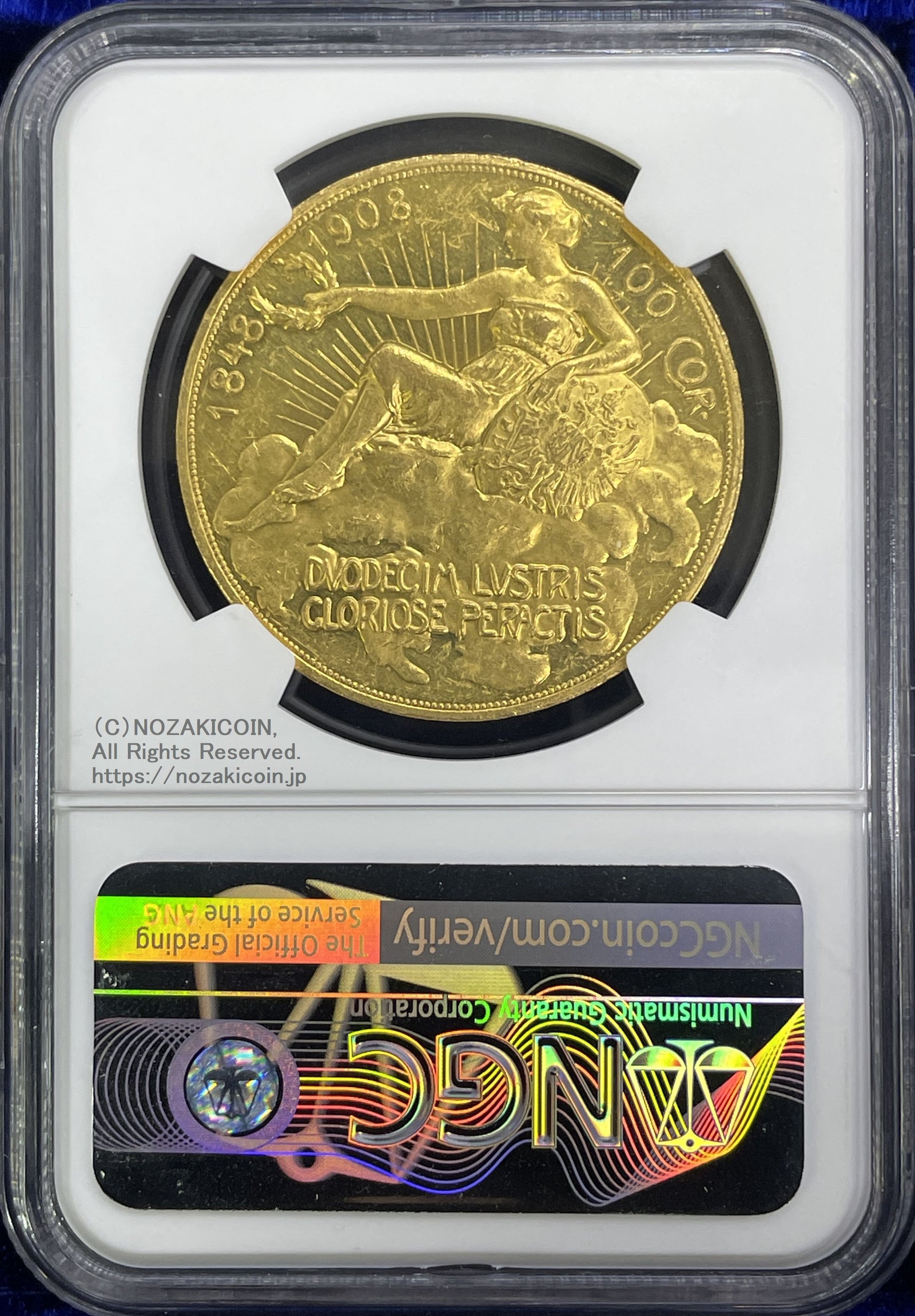 オーストリア 雲上の女神 100コロナ金貨 1908年 フランツ・ヨーゼフ NGC PF55 – 野崎コイン