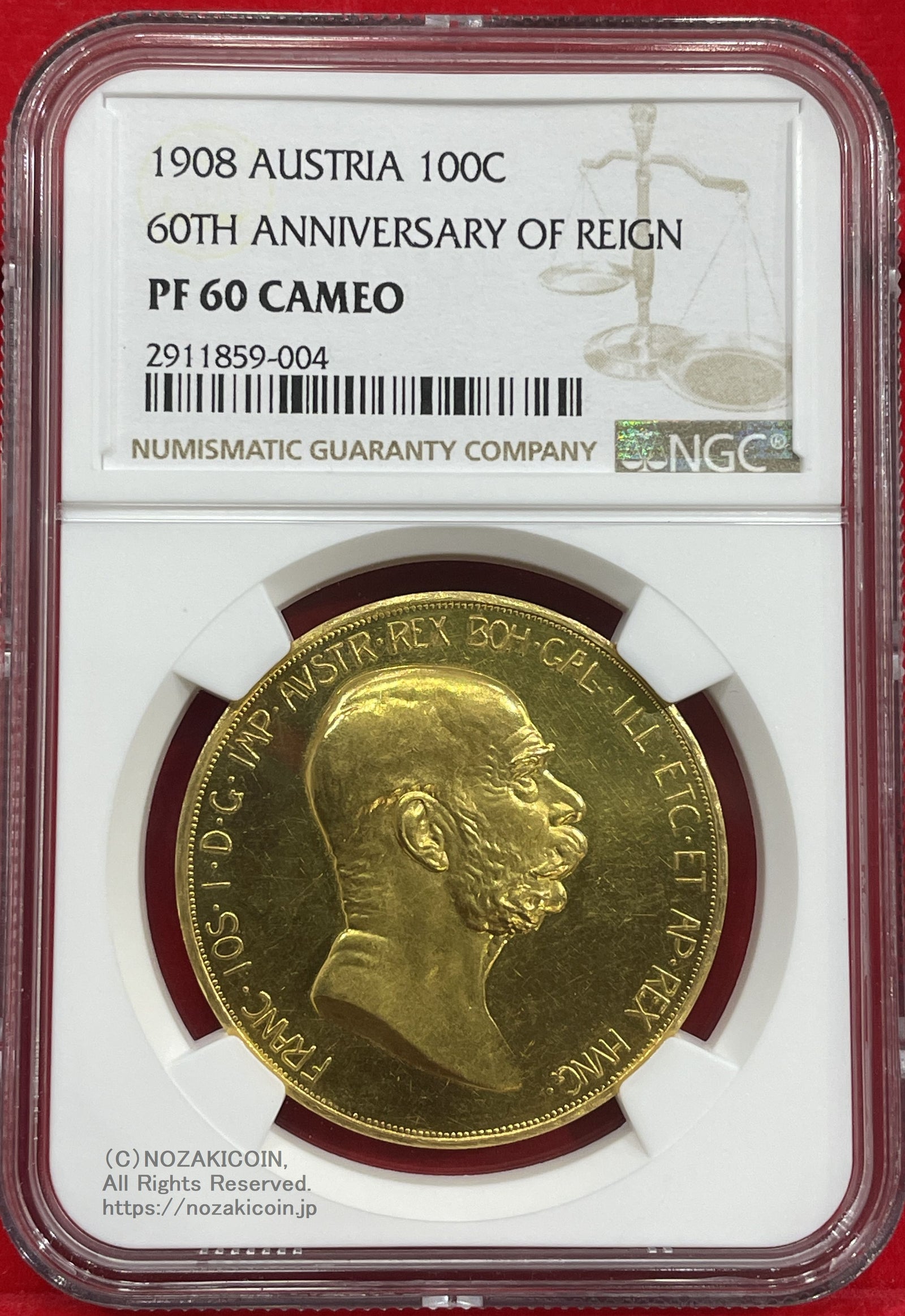 オーストリア 雲上の女神 100コロナ金貨 1908年 フランツ・ヨーゼフ NGC PF60 CAMEO カメオ – 野崎コイン