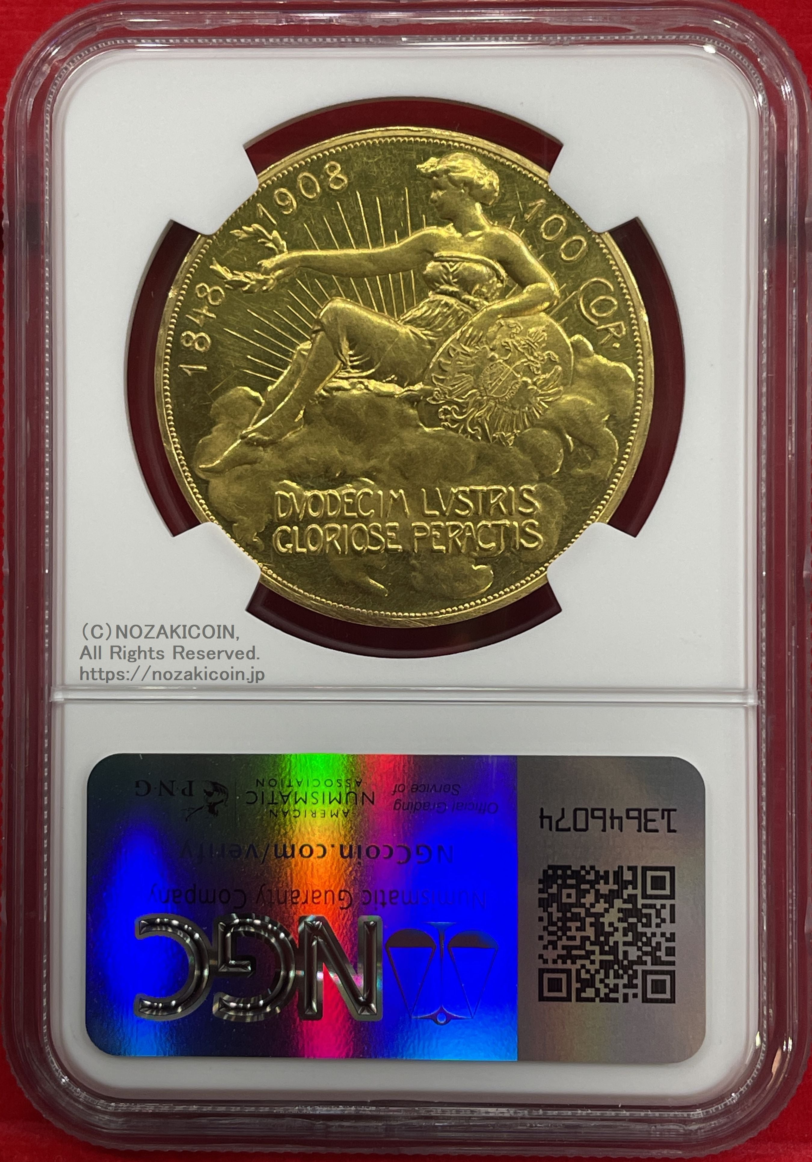 オーストリア 雲上の女神 100コロナ金貨 1908年 フランツ・ヨーゼフ NGC PF60 CAMEO カメオ – 野崎コイン