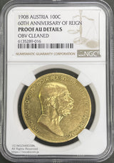 オーストリア 雲上の女神 100コロナ金貨 1908年 フランツ・ヨーゼフ NGC PROOF AU DETAILS