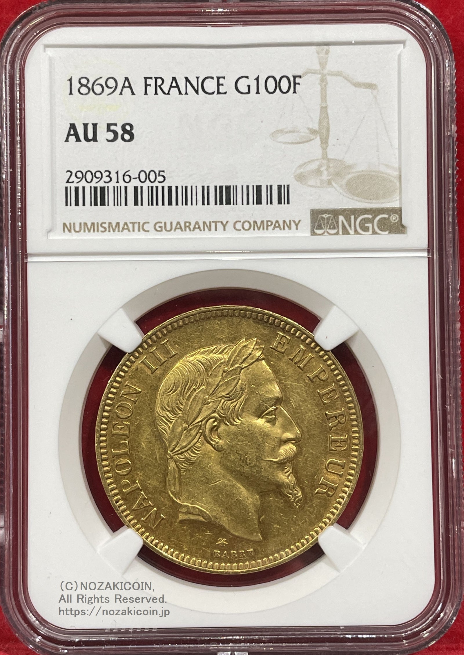 フランス ナポレオン 100フラン金貨 有冠 1869A NGC AU58 – 野崎コイン