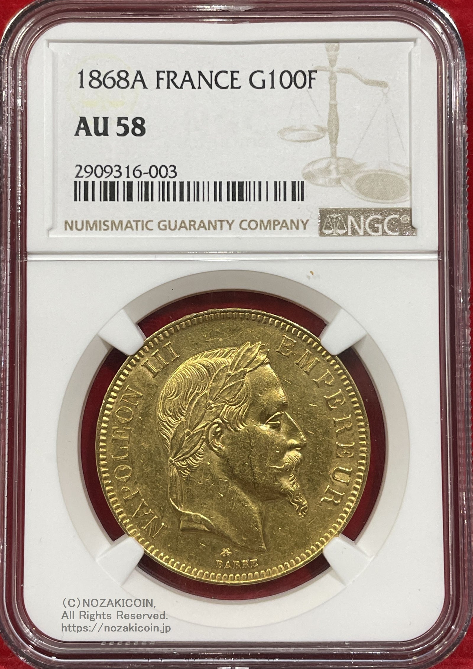 フランス ナポレオン 100フラン金貨 有冠 1868A NGC AU58 – 野崎コイン