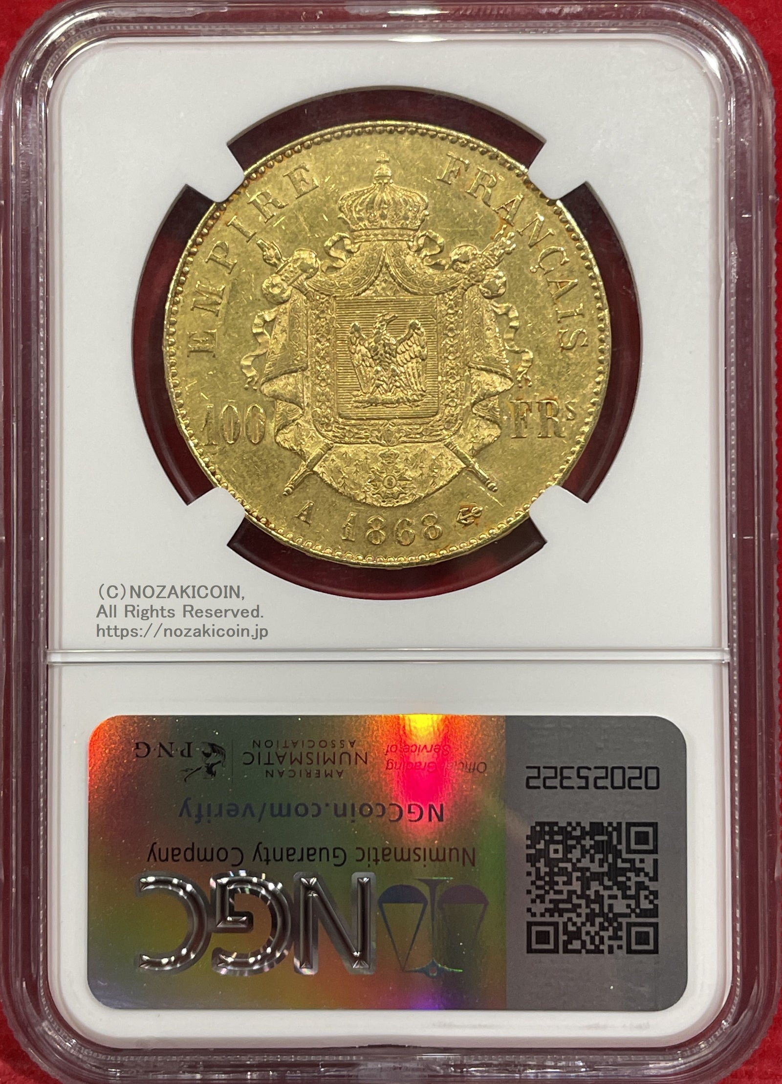 フランス ナポレオン 100フラン金貨 有冠 1868A NGC AU58 – 野崎コイン