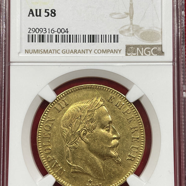 フランス ナポレオン 100フラン金貨 有冠 1862BB NGC AU58 – 野崎コイン