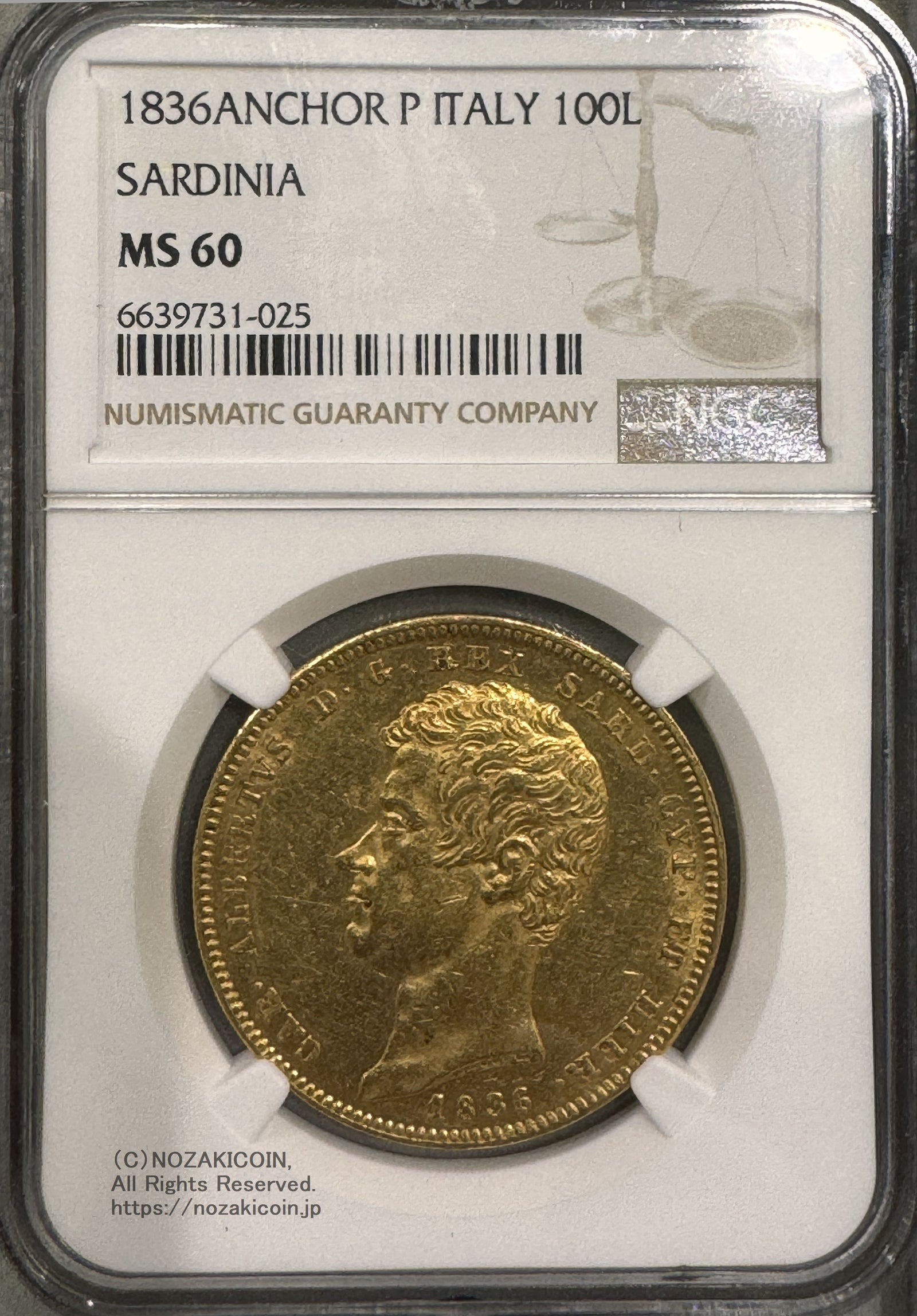 イタリア 100リレ金貨 1836年 サルディニア カルロアルベルト