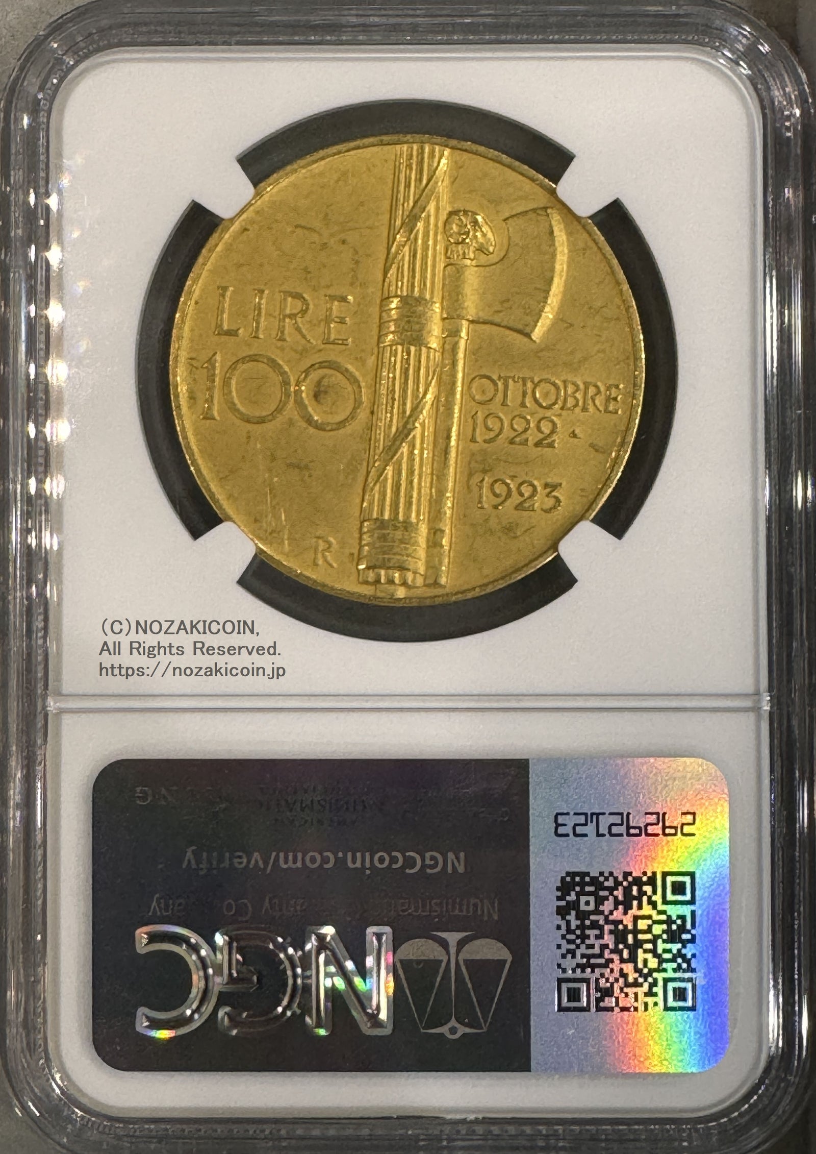 イタリア 100リレ金貨 1923年R ヴィットリオ・エマヌエル3世 ファシスト政権1周年記念 NGC MS61 MATTE – 野崎コイン