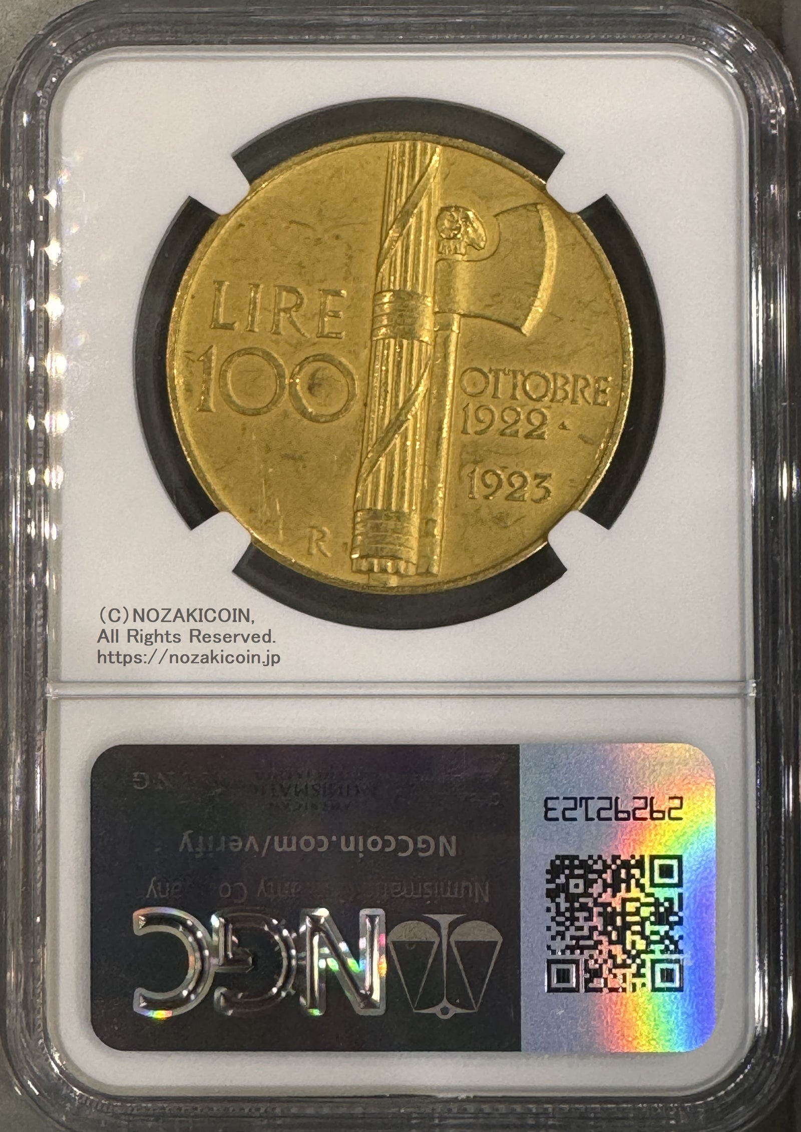 イタリア 100リレ金貨 1923年R ヴィットリオ・エマヌエル3世 ファシスト政権1周年記念 NGC MS61 MATTE