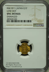 旧1円金貨 明治4年(1871) 発行枚数 1,841,288枚 直径 13.51mm 品位 金900 / 銅100 量目1.67g
NGC社UNC DETAILS ダメージ